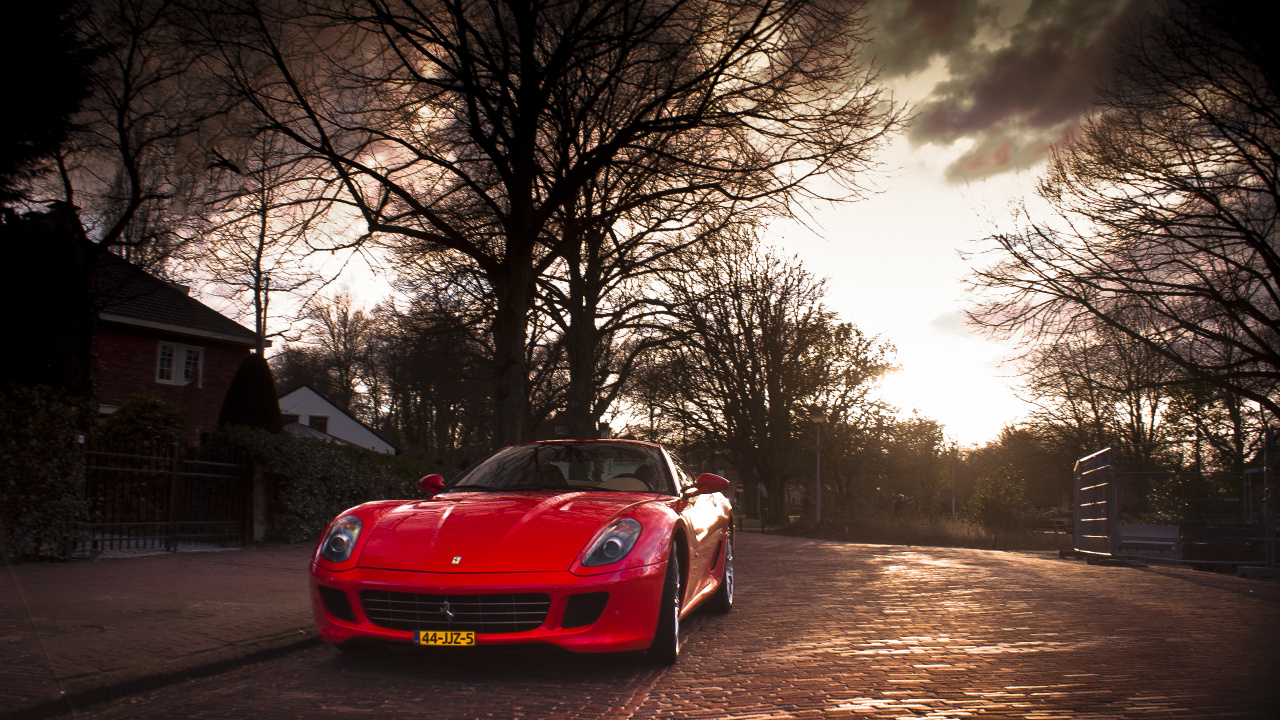 Red Ferrari Sports Car on Road Near Bare Trees During Daytime. Wallpaper in 1280x720 Resolution