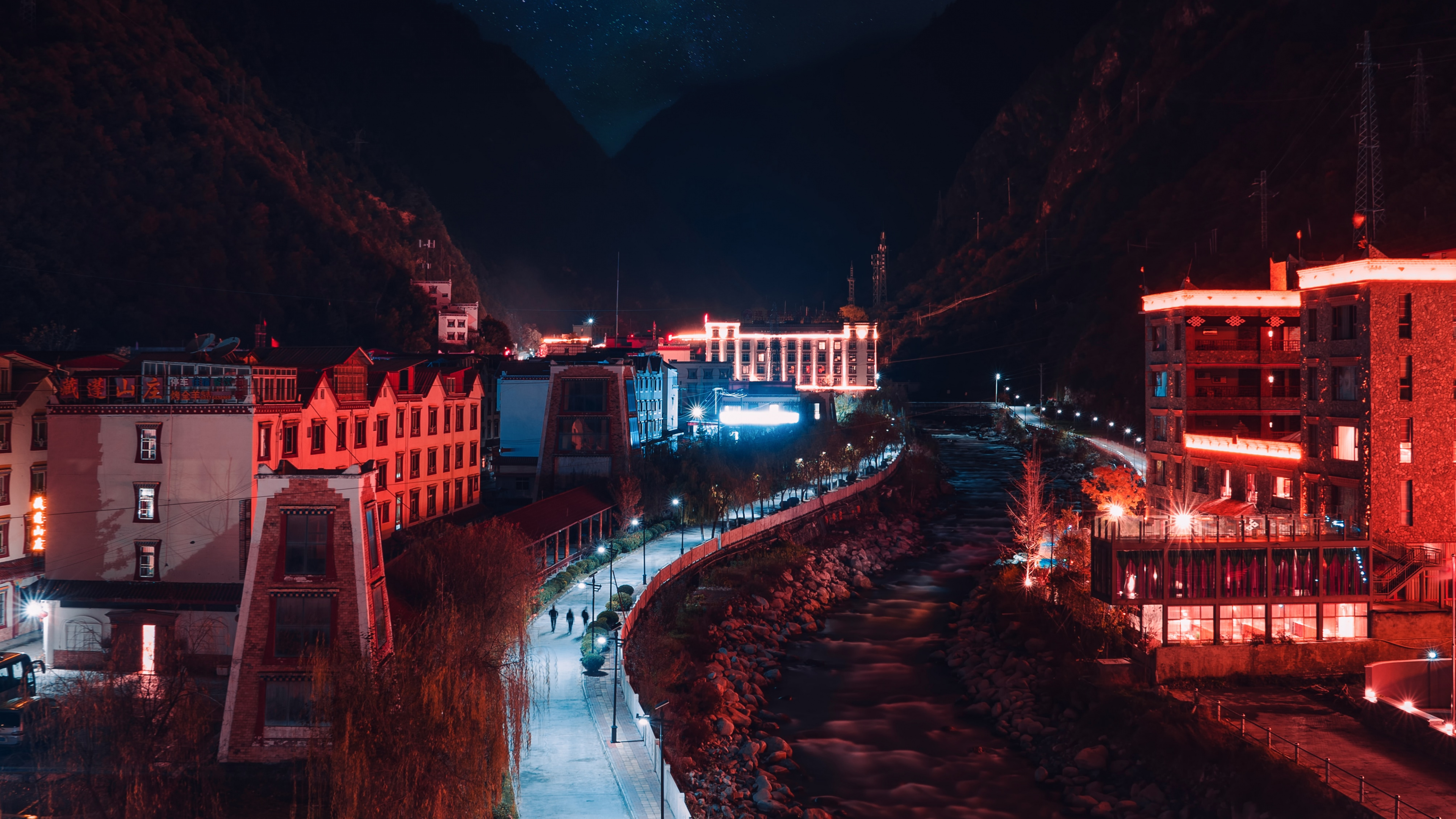 红色的, 光, 建筑, 反射, 午夜 壁纸 3840x2160 允许