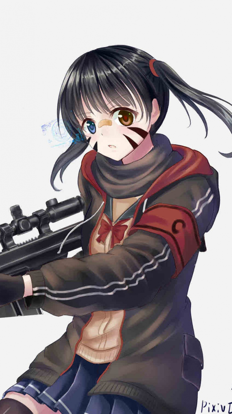 Blue Haired Female Anime Character Holding Rifle. Wallpaper in 750x1334 Resolution