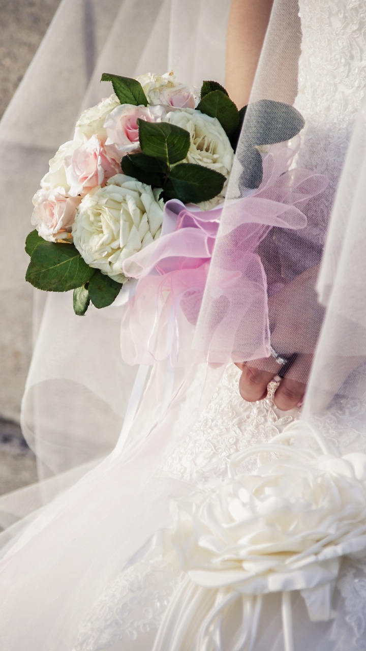 Wedding, Wedding Dress, Bride, Dress, Flower Bouquet. Wallpaper in 720x1280 Resolution