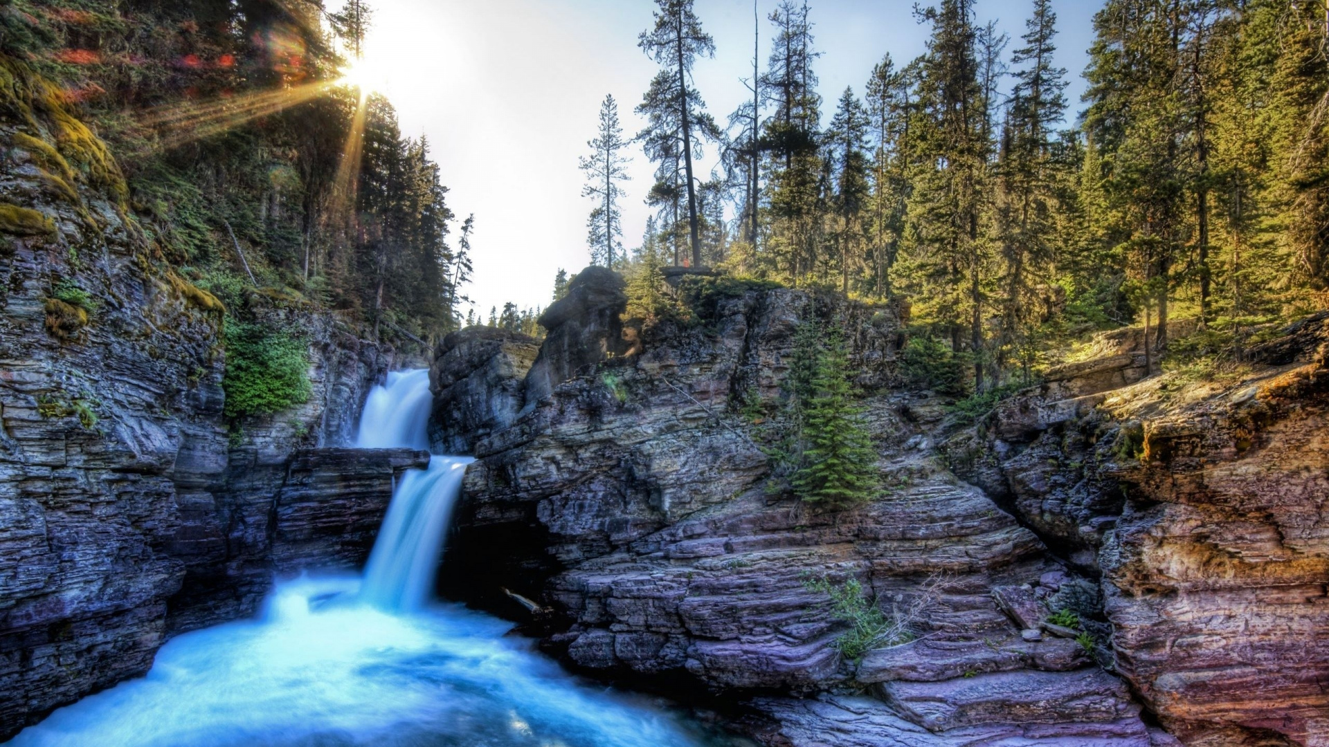 Cascades Entre Les Arbres Verts Pendant la Journée. Wallpaper in 1920x1080 Resolution