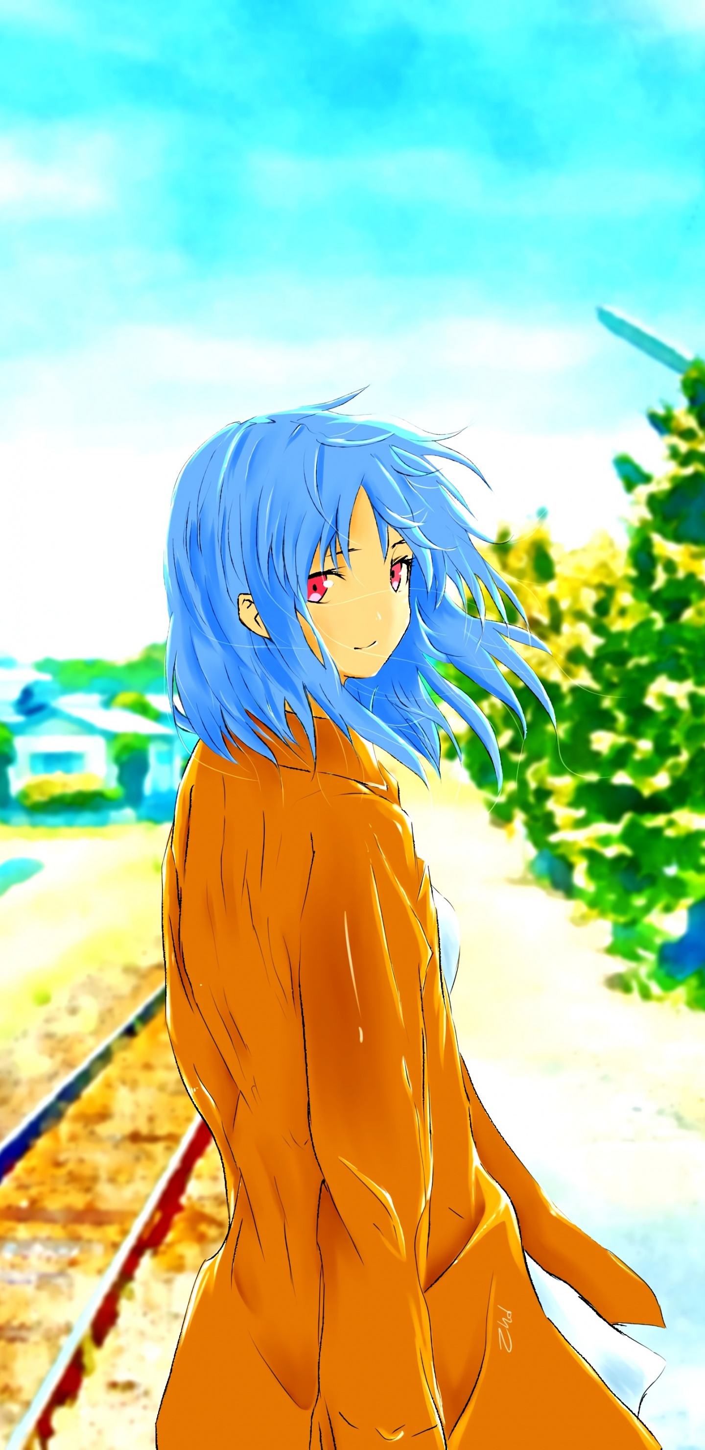 Blauhaarige Frau im Braunen Kleid, Die Tagsüber Auf Der Straße Steht. Wallpaper in 1440x2960 Resolution