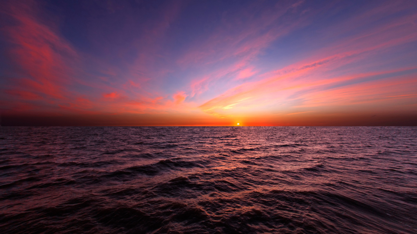 日落, 地平线, 大海, 海洋, 日出 壁纸 1366x768 允许