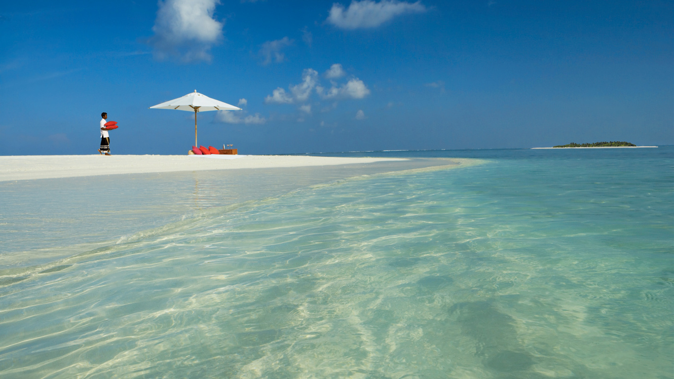 Person in Gelbem Hemd Und Schwarzen Shorts, Die Tagsüber am Strand Steht. Wallpaper in 1366x768 Resolution