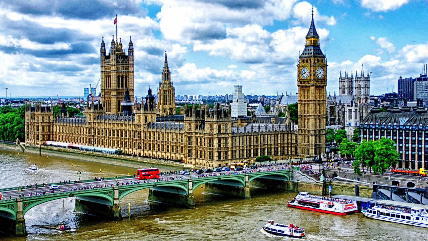 White and Red Boat on River Near Bridge and Buildings During Daytime. Wallpaper in 1366x768 Resolution