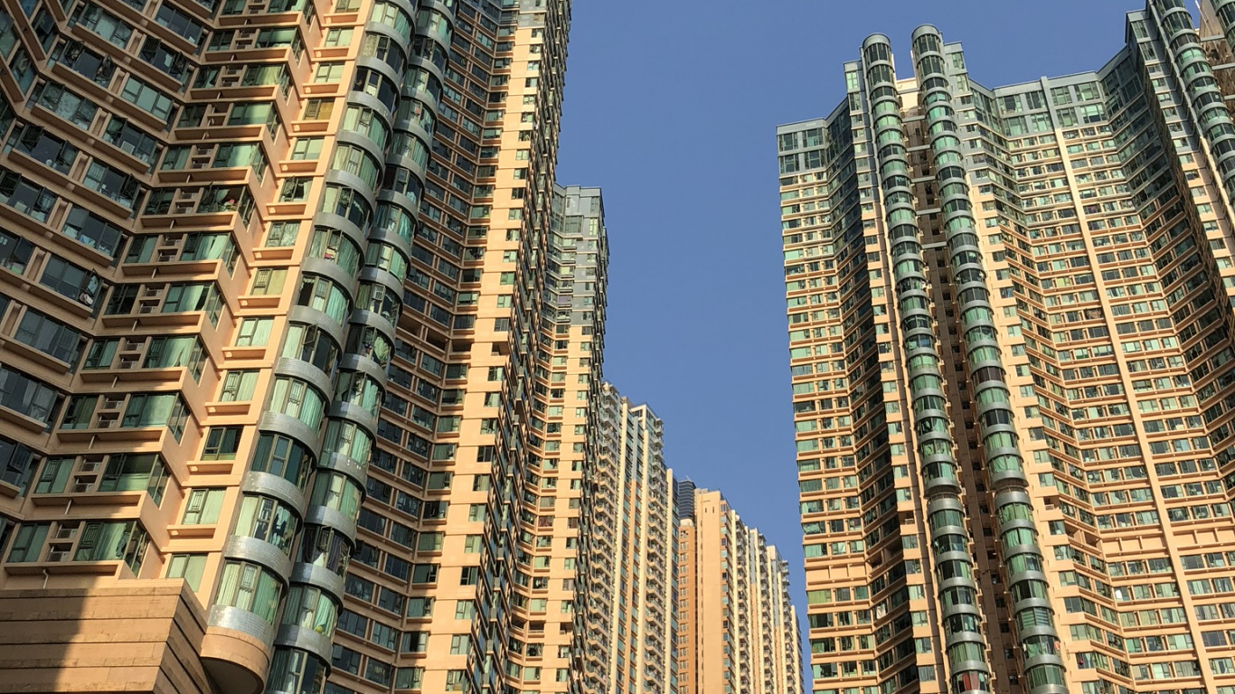Hongkong, Fenster, Tower Block, Blau, Tageszeit. Wallpaper in 1366x768 Resolution