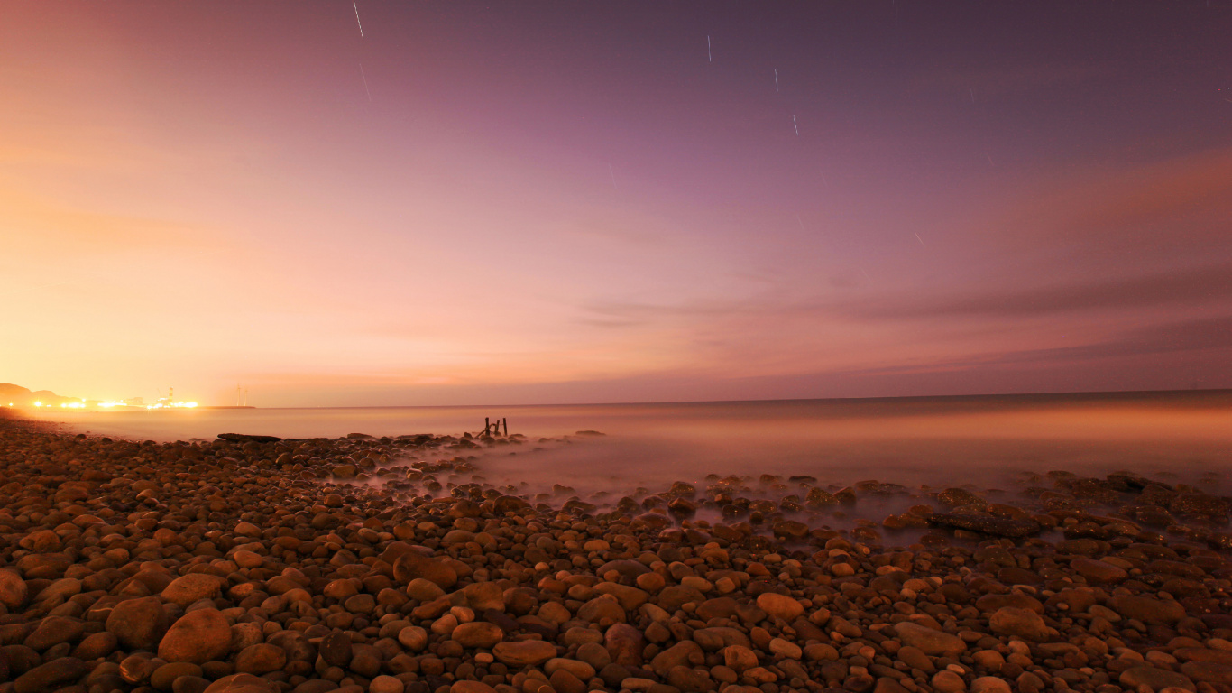 Wasser, Gewässer, Nacht, Natur, Küste. Wallpaper in 1366x768 Resolution