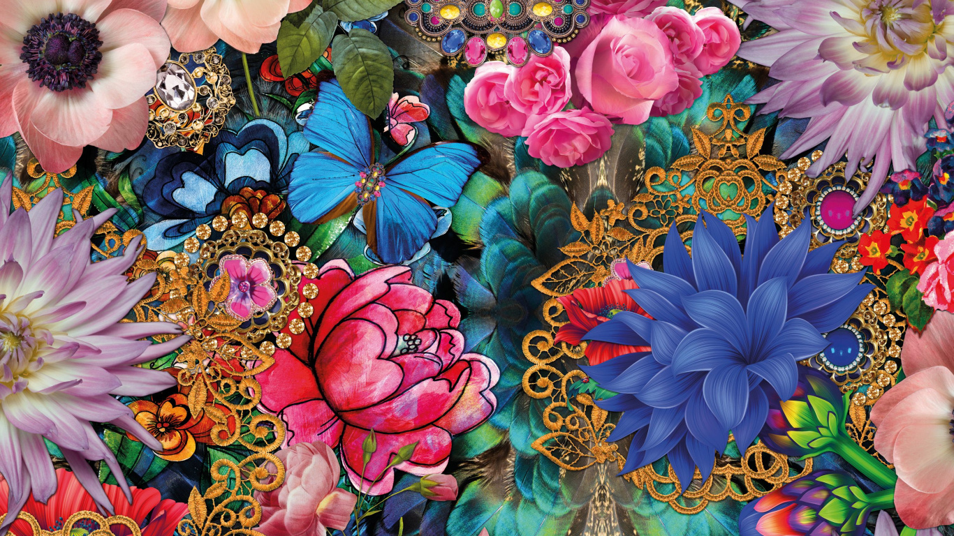 Peinture Florale Rose Bleu et Vert. Wallpaper in 1366x768 Resolution