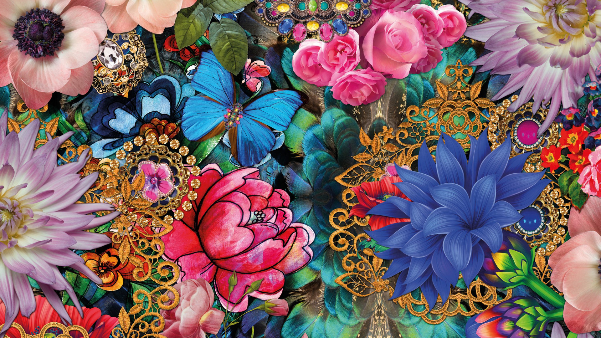 Peinture Florale Rose Bleu et Vert. Wallpaper in 1920x1080 Resolution