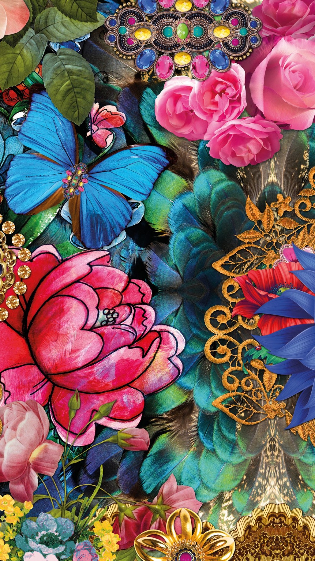 Pink Blue and Green Floral Painting. Wallpaper in 1080x1920 Resolution