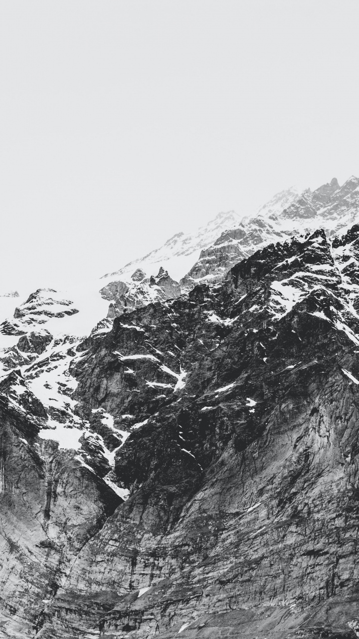 Grayscale Mountain, Mountain, Mountain Range, Snow, Slope. Wallpaper in 720x1280 Resolution