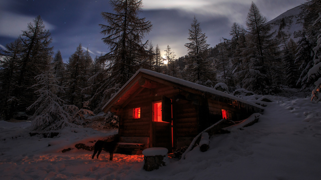 Casa de Madera Marrón Cerca de Los Árboles Durante la Noche. Wallpaper in 1280x720 Resolution