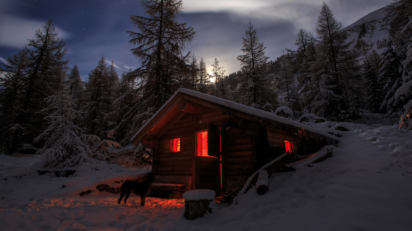 Braunes Holzhaus in Der Nähe Von Bäumen Während Der Nachtzeit. Wallpaper in 1366x768 Resolution