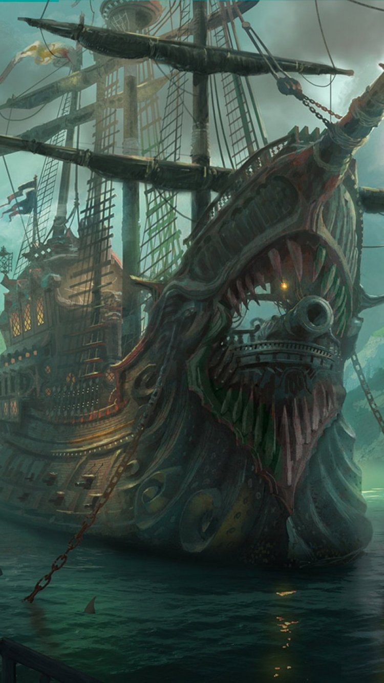 Brown and Black Galleon Ship on Water Painting. Wallpaper in 750x1334 Resolution