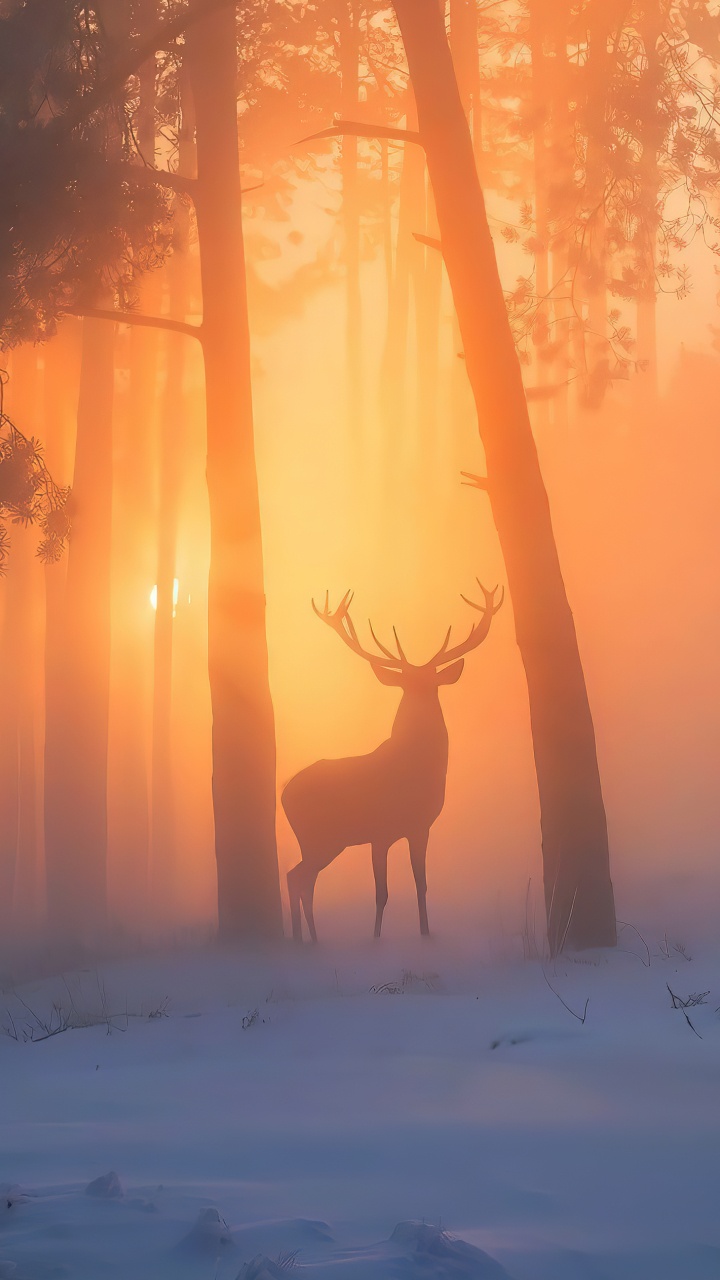 Lever, Atmosphère, Elk, Neige, Lumière. Wallpaper in 720x1280 Resolution