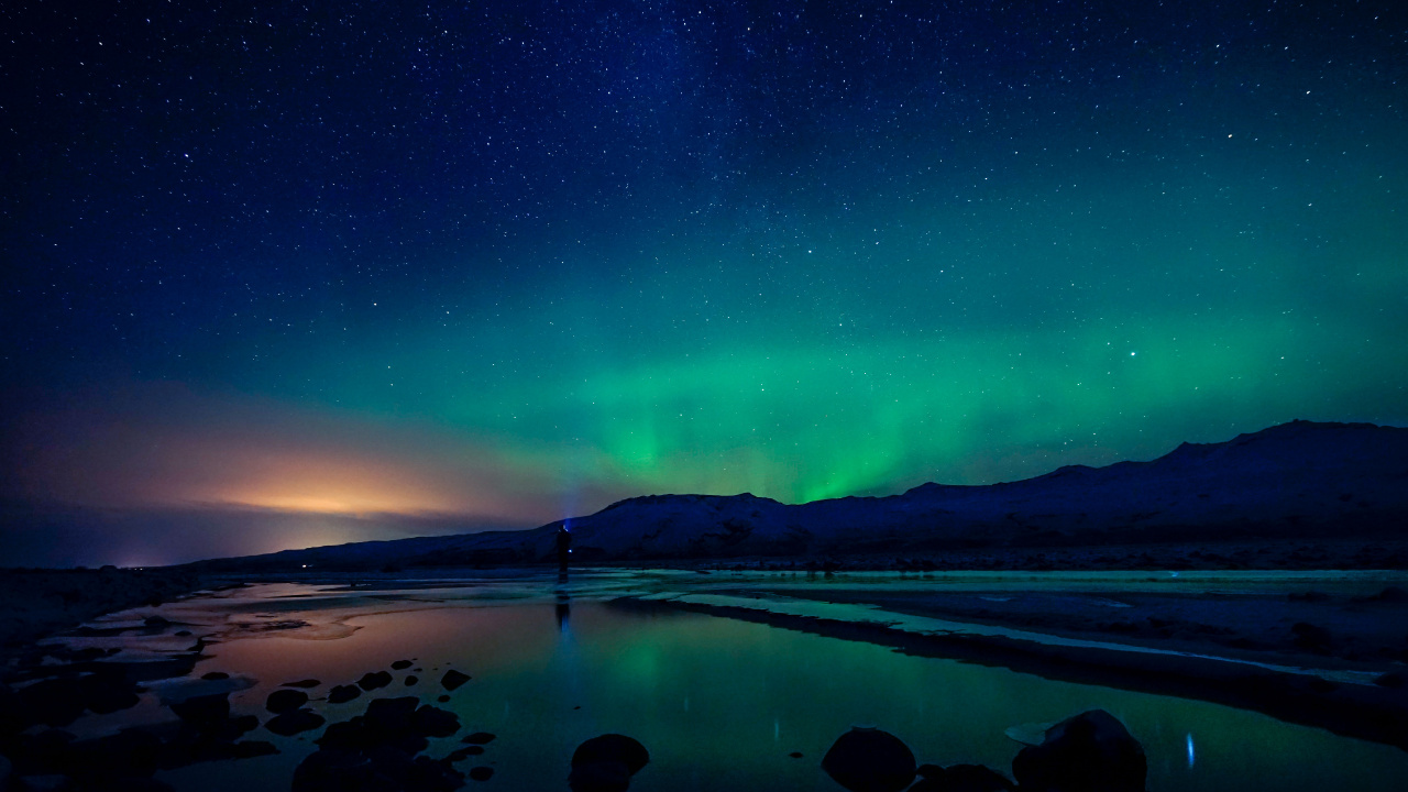Aurora, Nature, Night, Atmosphere, Sea. Wallpaper in 1280x720 Resolution