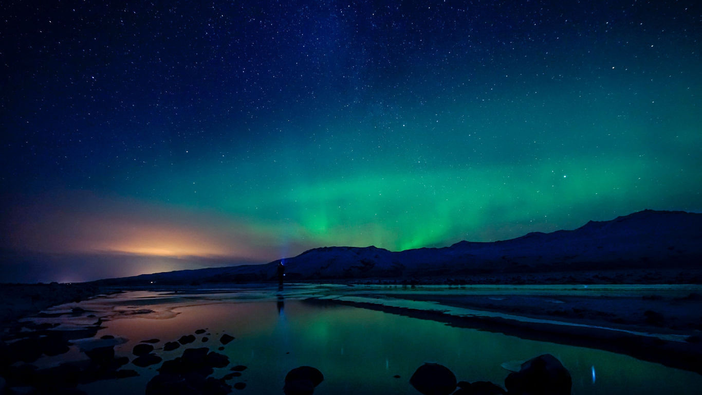 Aurora, Nature, Night, Atmosphere, Sea. Wallpaper in 1366x768 Resolution