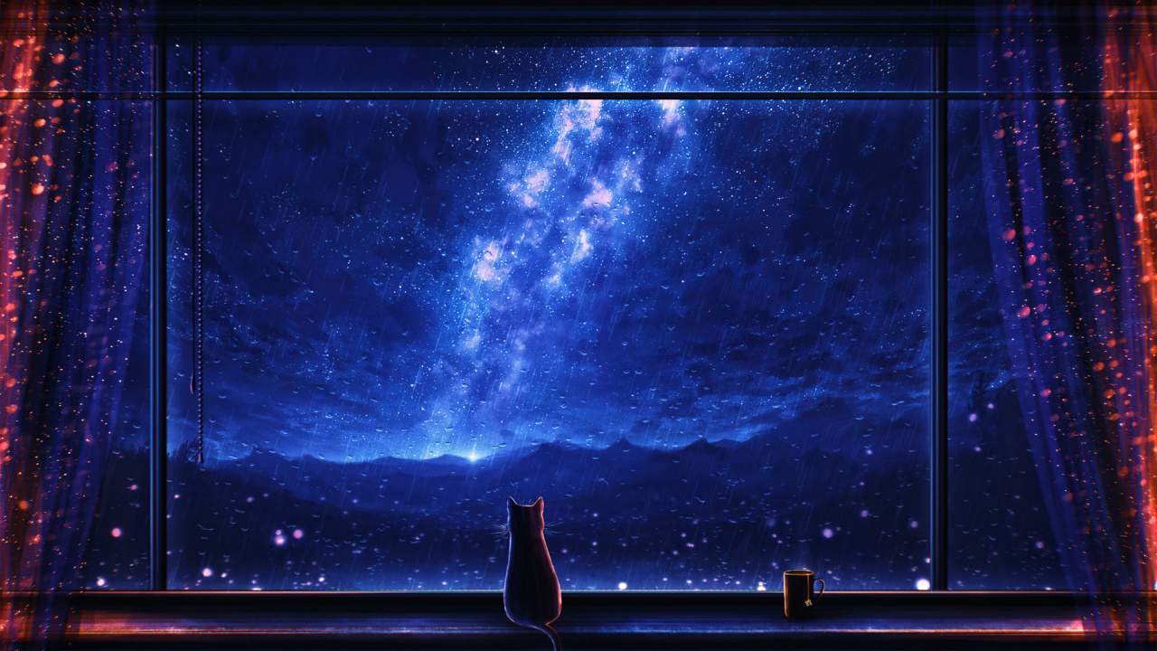 Chat Qui Regarde Les Étoiles, Chat, L'anime, Lumière, Purple. Wallpaper in 1280x720 Resolution