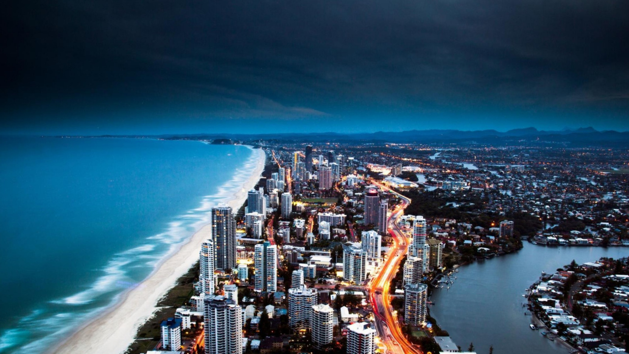 Aerial View of City Buildings During Night Time. Wallpaper in 1280x720 Resolution