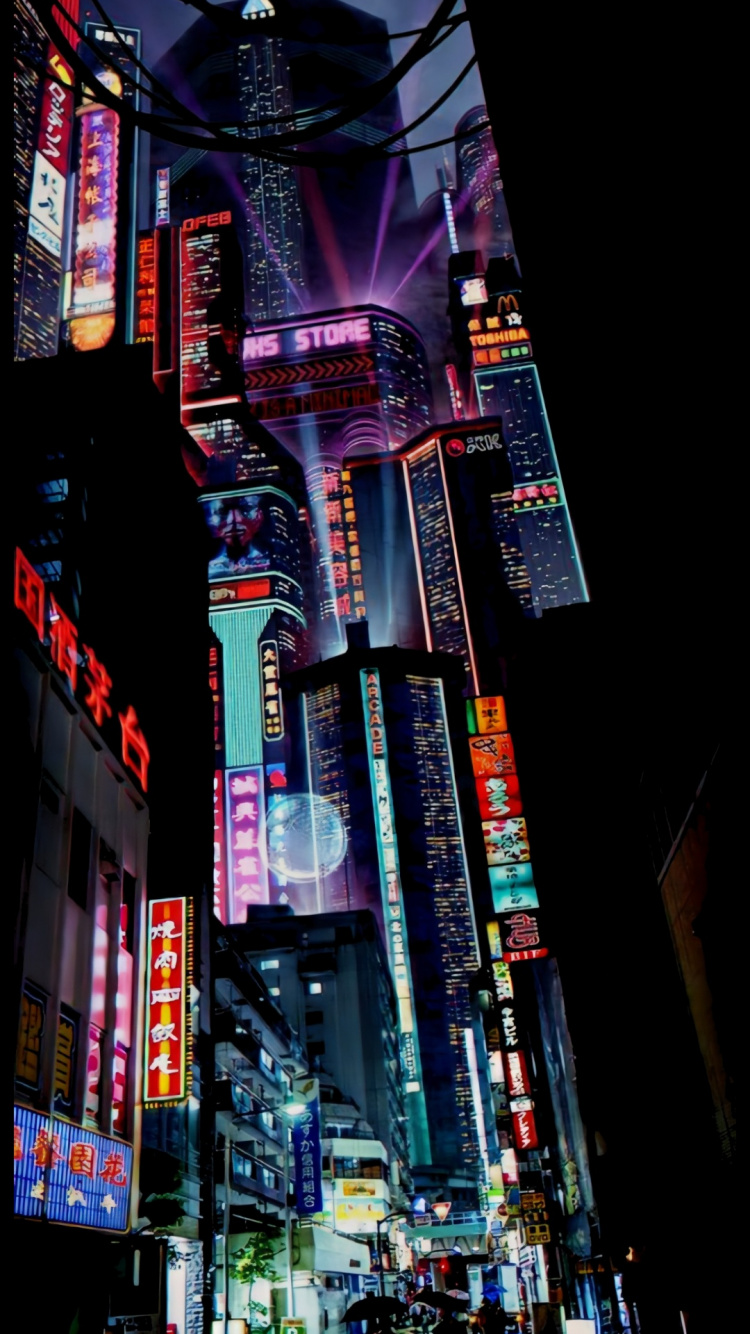 Cyberpunk, Art, Bâtiment, Gratte-ciel, Lumière. Wallpaper in 750x1334 Resolution