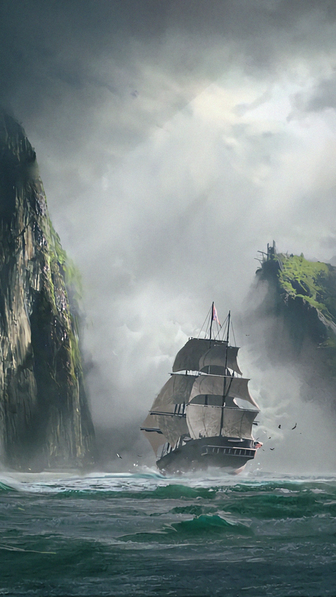 Brown Ship on Sea Near Mountain During Daytime. Wallpaper in 1080x1920 Resolution