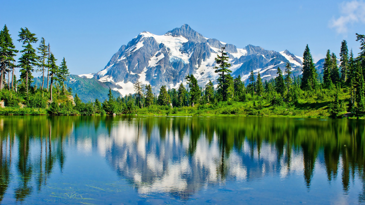 Green Trees Near Lake and Snow Covered Mountain During Daytime. Wallpaper in 1280x720 Resolution