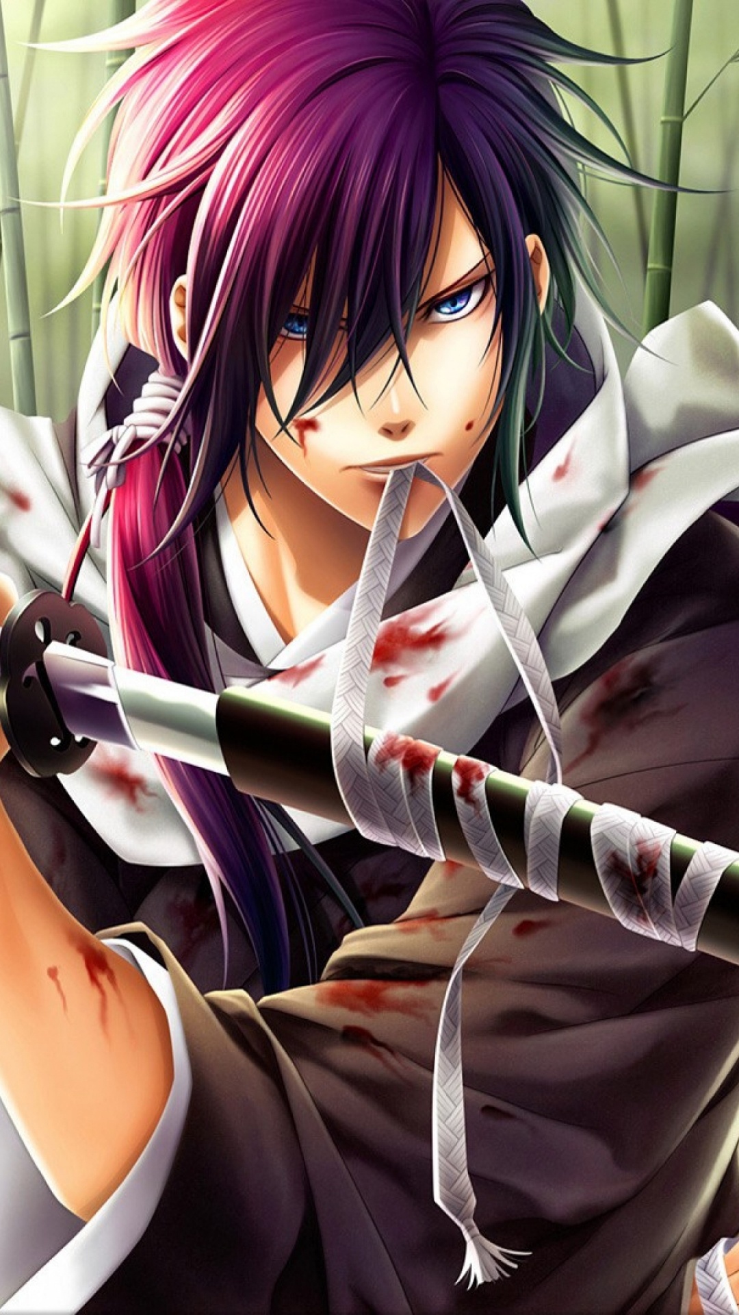 Purple Haired Male Anime Character Holding White and Black Flute. Wallpaper in 1080x1920 Resolution