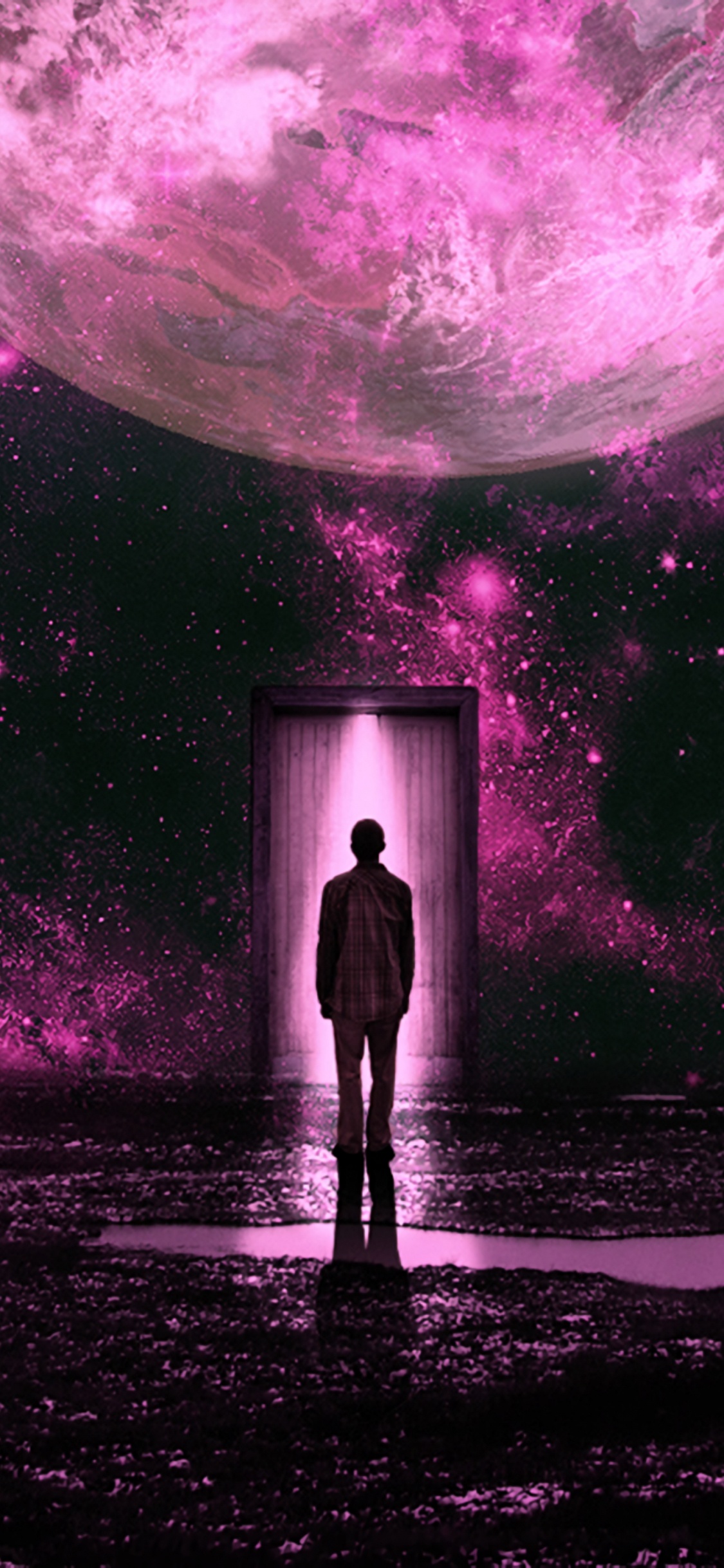 Silhouette of Person Standing Under Purple Sky. Wallpaper in 1125x2436 Resolution