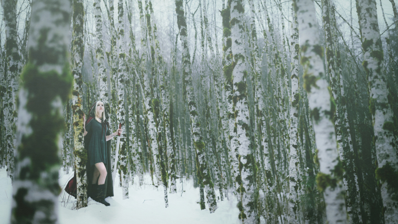 Mujer en Vestido Negro de Pie Sobre un Terreno Cubierto de Nieve Cerca de Árboles Verdes Durante el Día. Wallpaper in 1280x720 Resolution