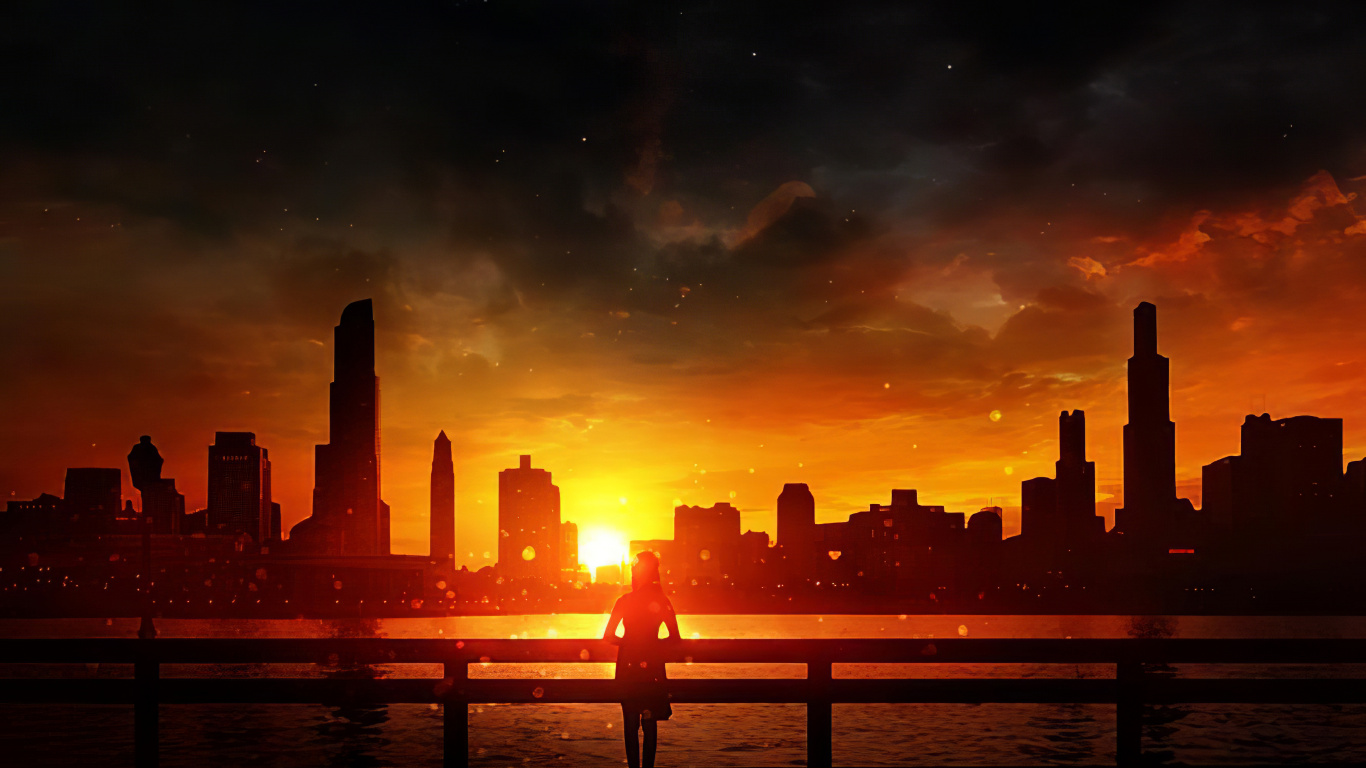 Silhouette of People Standing on Dock During Sunset. Wallpaper in 1366x768 Resolution