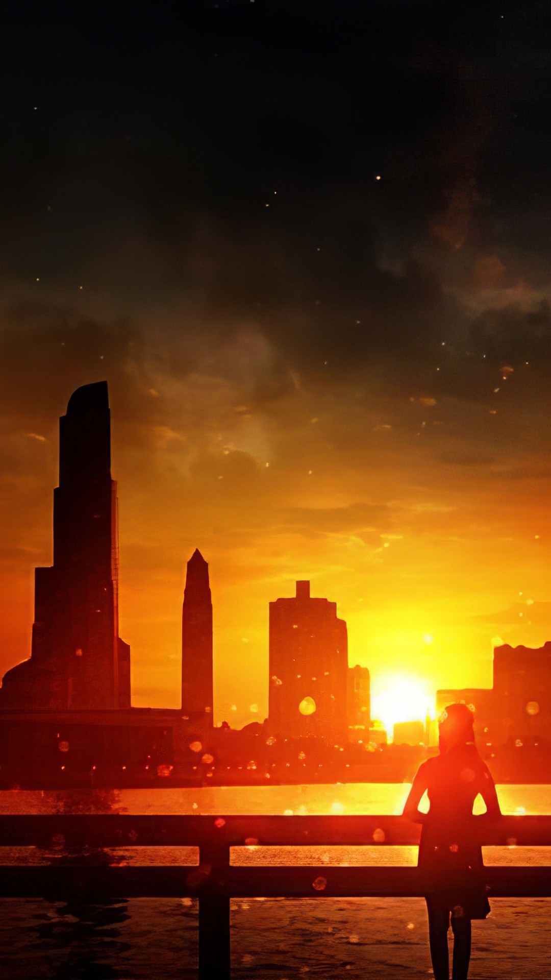 Silhouette de Personnes Debout Sur le Quai Pendant le Coucher du Soleil. Wallpaper in 1080x1920 Resolution