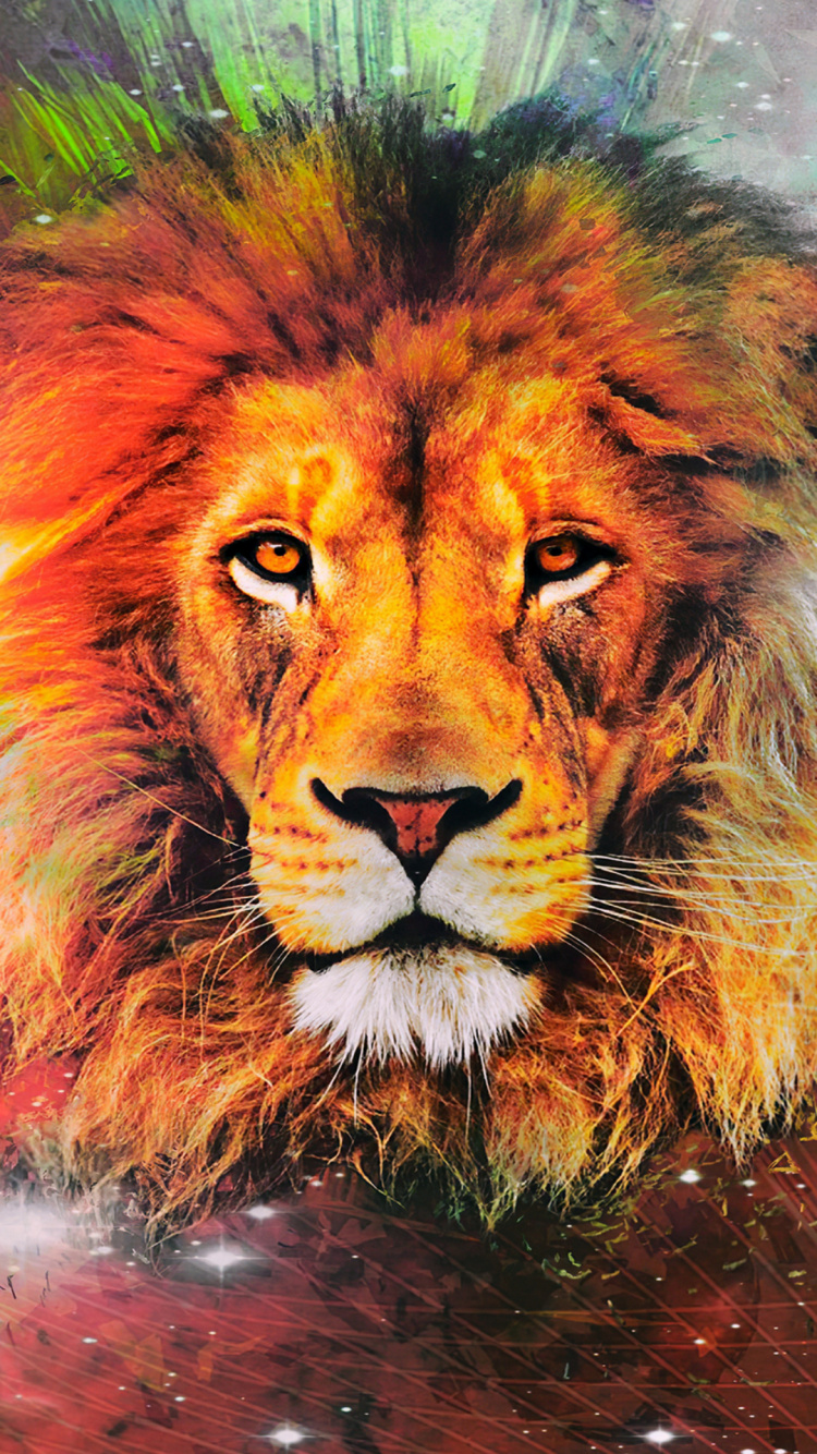 Galaxienlöwe, Lion, Felidae, East African Lion, Malerei. Wallpaper in 750x1334 Resolution