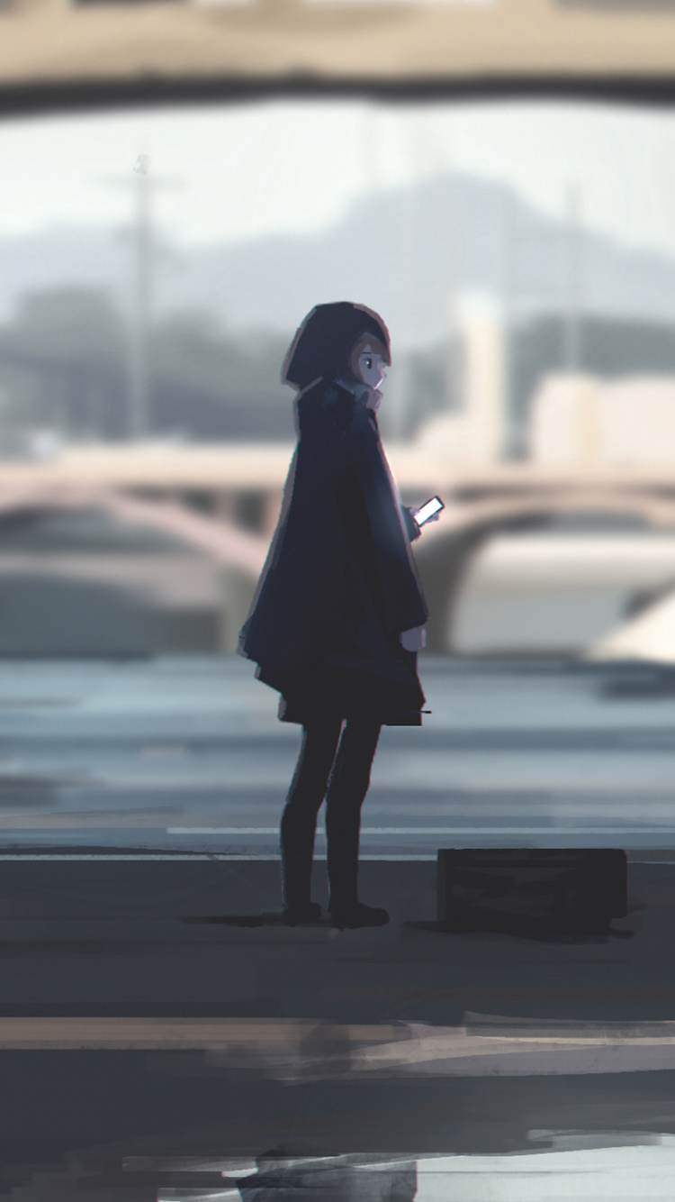 Femme en Manteau Noir Debout Sur le Trottoir Pendant la Journée. Wallpaper in 750x1334 Resolution