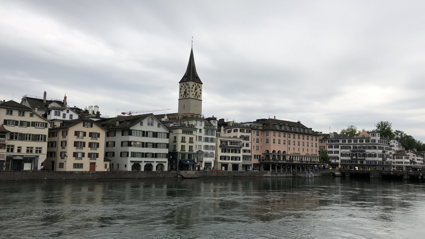Zürich, Wasser, Uhrturm, Wasserstraße, Stadt. Wallpaper in 1366x768 Resolution
