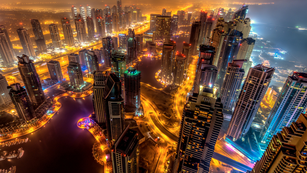 Aerial View of City Buildings During Night Time. Wallpaper in 1280x720 Resolution