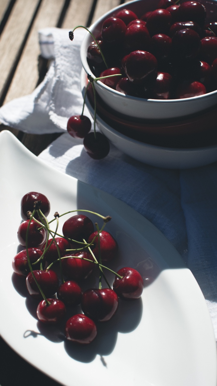 Red Cherries on White Ceramic Bowl. Wallpaper in 720x1280 Resolution