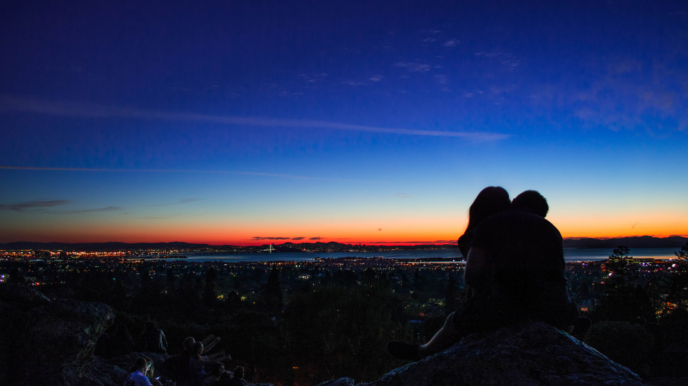 Beso, Romanticismo, Azul, Noche, Puesta. Wallpaper in 1366x768 Resolution