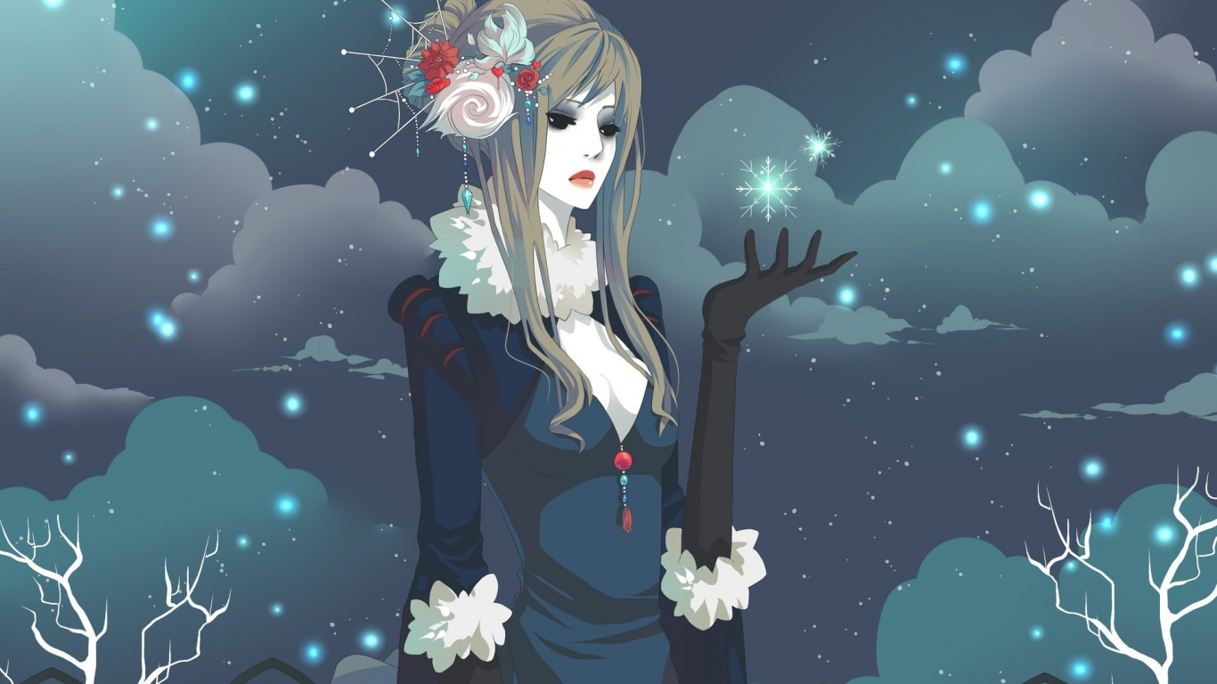 天空, 雪花, 黑头发, 漫画家, 女孩 壁纸 1366x768 允许