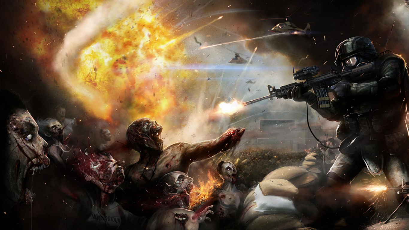 Hombre Que Sostiene el Rifle de Pie en Llamas. Wallpaper in 1366x768 Resolution