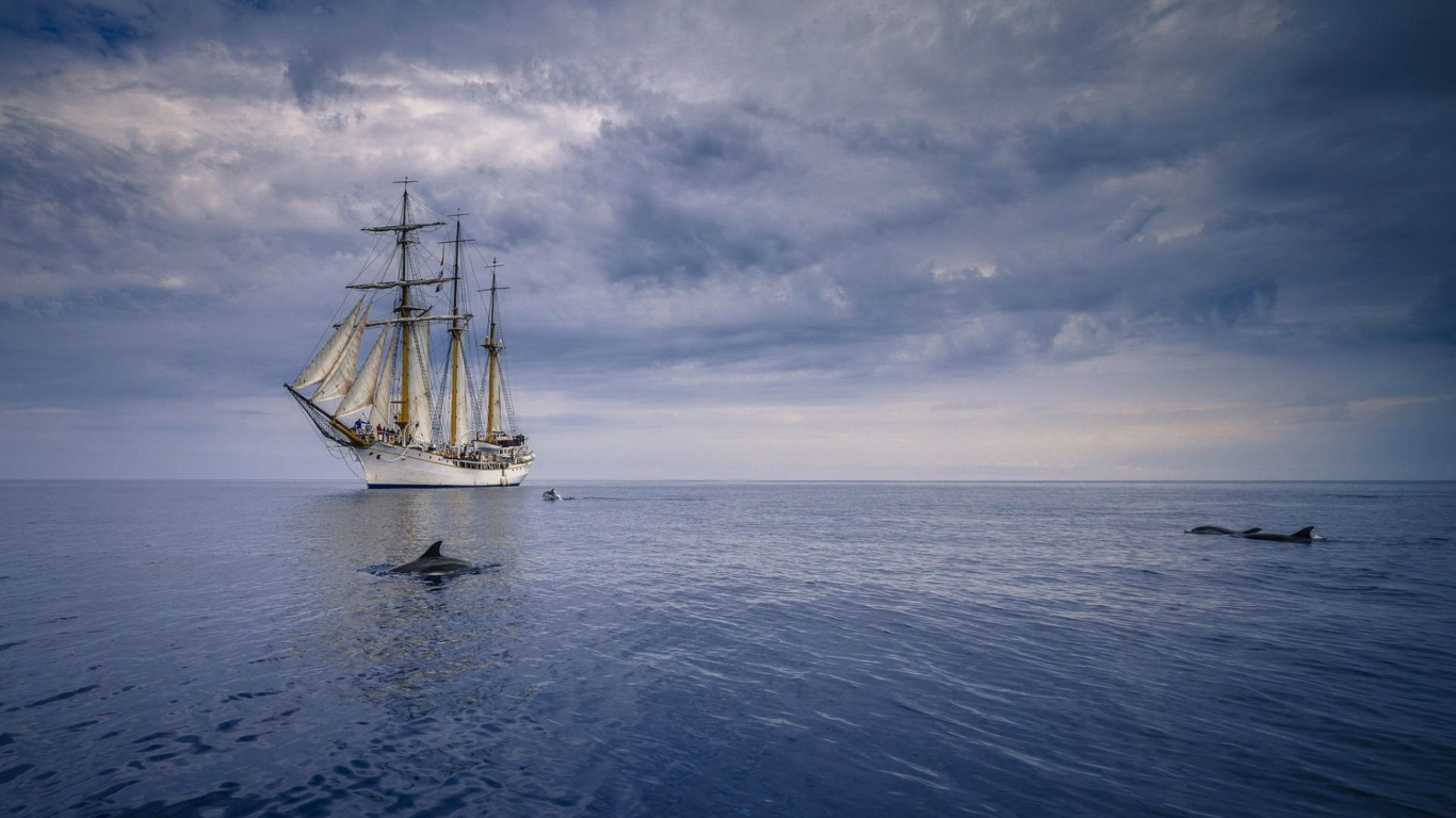 Schwarz-weißes Segelboot Auf Dem Meer Unter Weißen Wolken Und Blauem Himmel Tagsüber. Wallpaper in 1366x768 Resolution