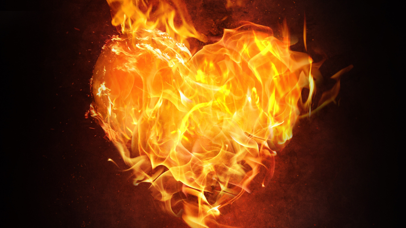 Flame, Fire, Heart, Heat, Orange. Wallpaper in 1366x768 Resolution