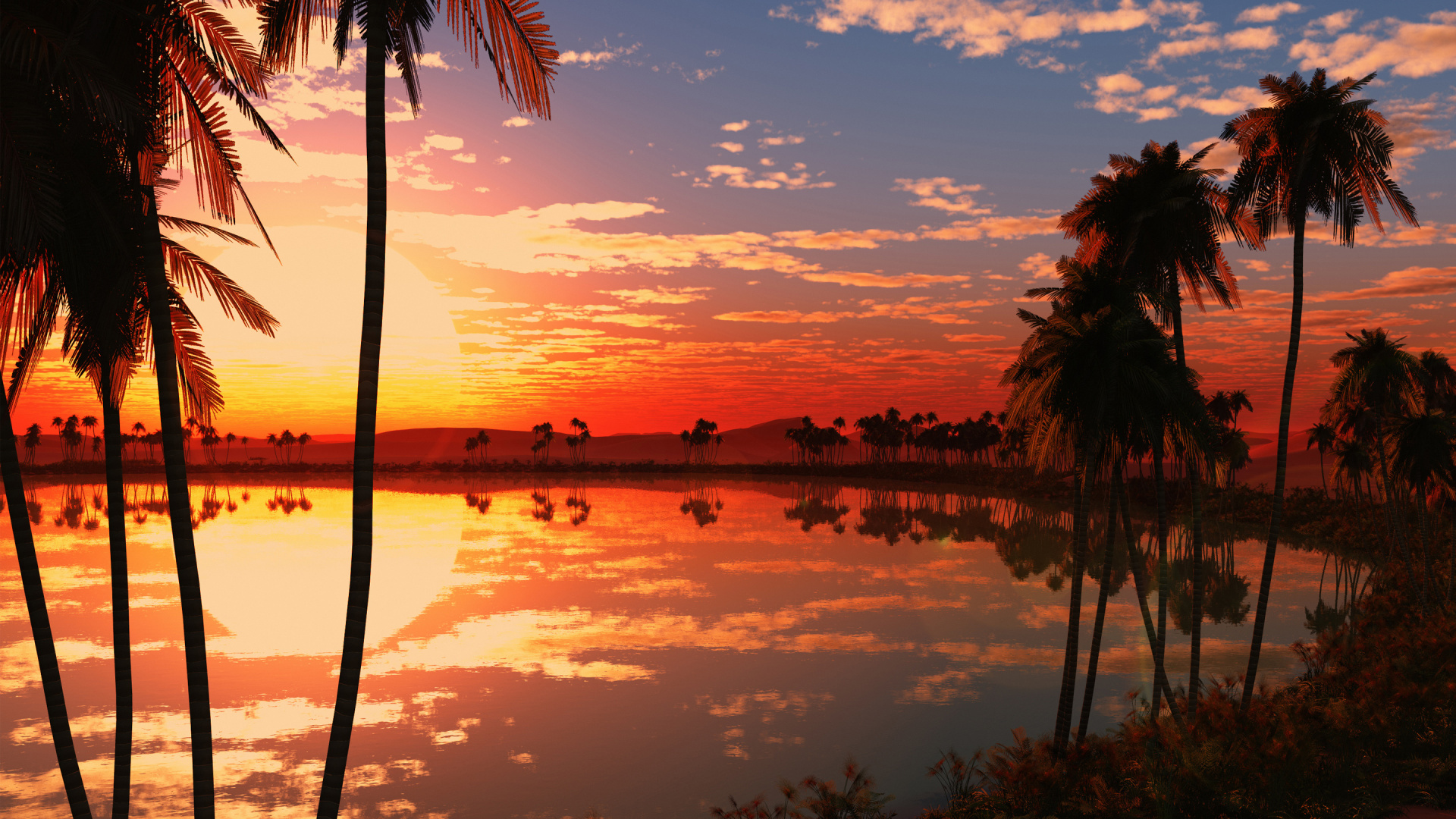 Silhouette of Palm Trees Near Body of Water During Sunset. Wallpaper in 1920x1080 Resolution