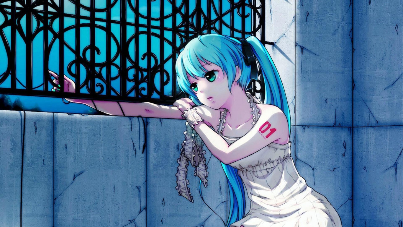 Woman in White Dress Sitting on Blue Metal Fence. Wallpaper in 1366x768 Resolution