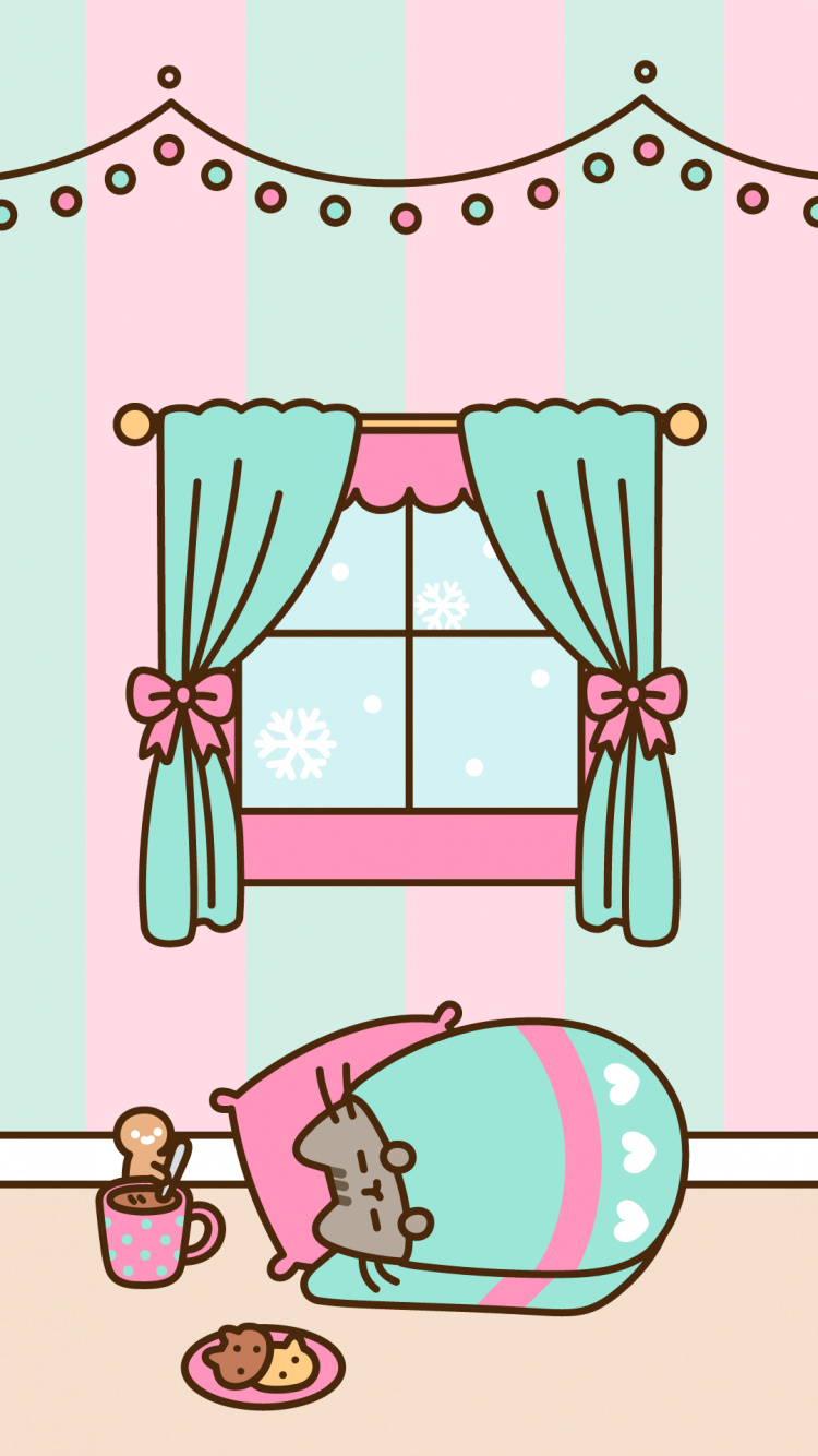 Pusheen, El Día De Navidad, Verde, Rosa, Fila. Wallpaper in 750x1334 Resolution