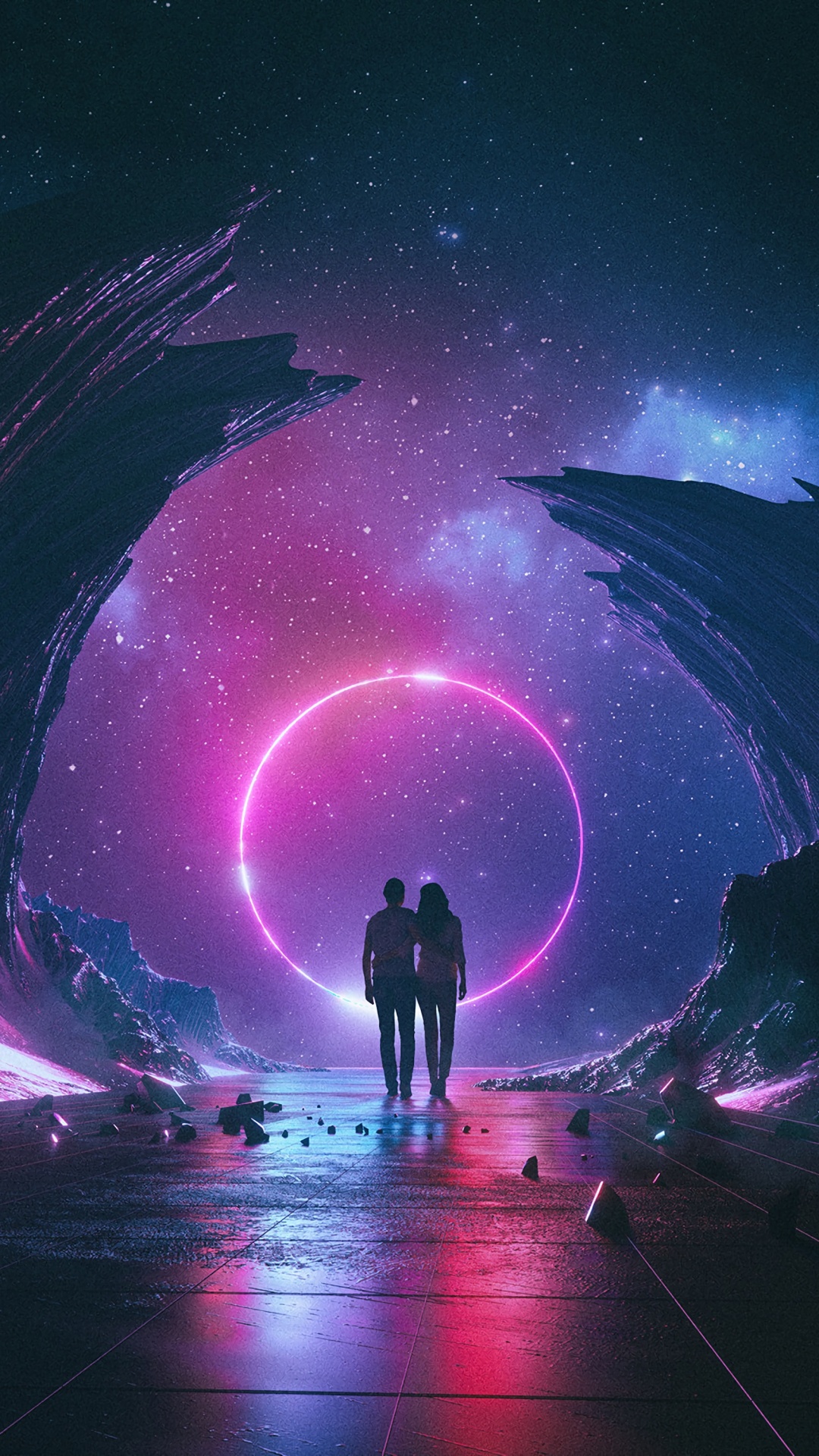 Silhouette of 2 Person Standing on The Ground Under Starry Night. Wallpaper in 1080x1920 Resolution