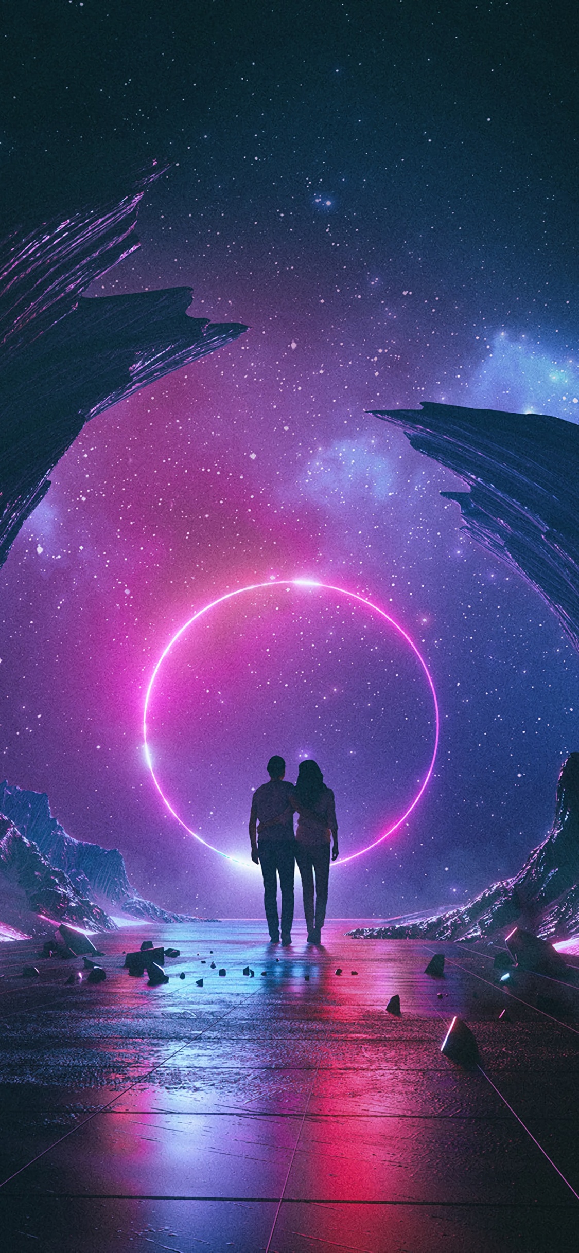 Silhouette of 2 Person Standing on The Ground Under Starry Night. Wallpaper in 1125x2436 Resolution