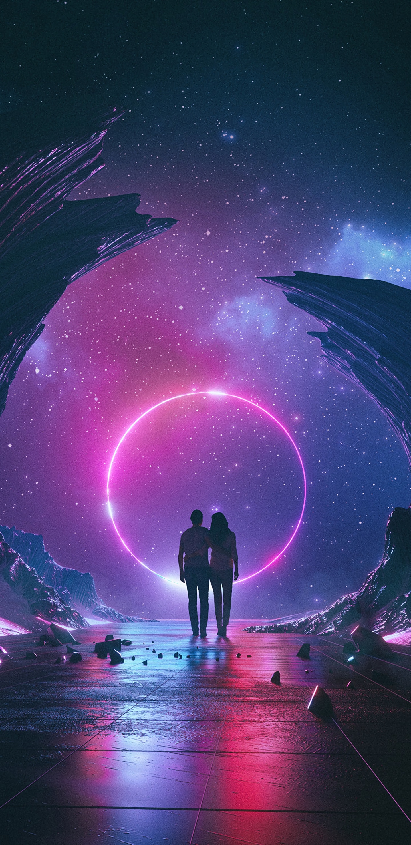 Silhouette of 2 Person Standing on The Ground Under Starry Night. Wallpaper in 1440x2960 Resolution