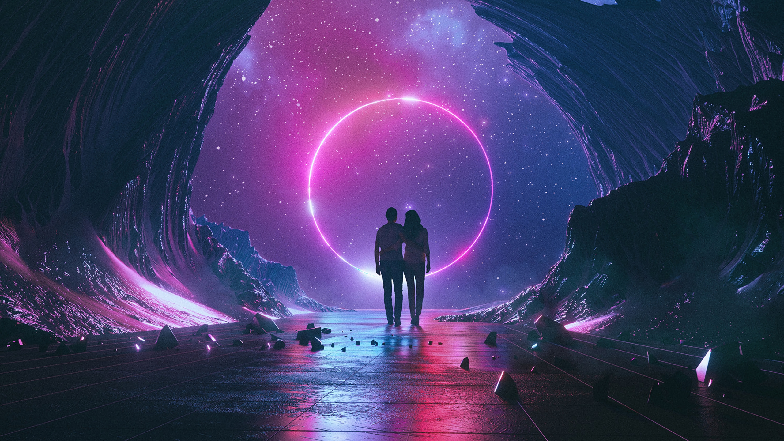 Silhouette of 2 Person Standing on The Ground Under Starry Night. Wallpaper in 2560x1440 Resolution