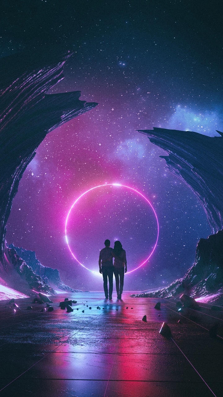 Silhouette of 2 Person Standing on The Ground Under Starry Night. Wallpaper in 720x1280 Resolution