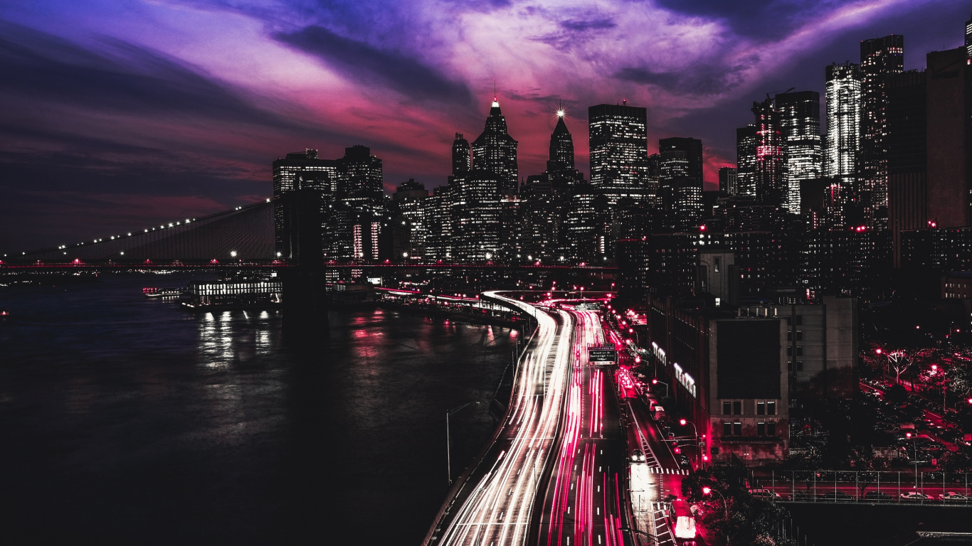 Fotografía de Lapso de Tiempo Del Horizonte de la Ciudad Durante la Noche. Wallpaper in 1366x768 Resolution